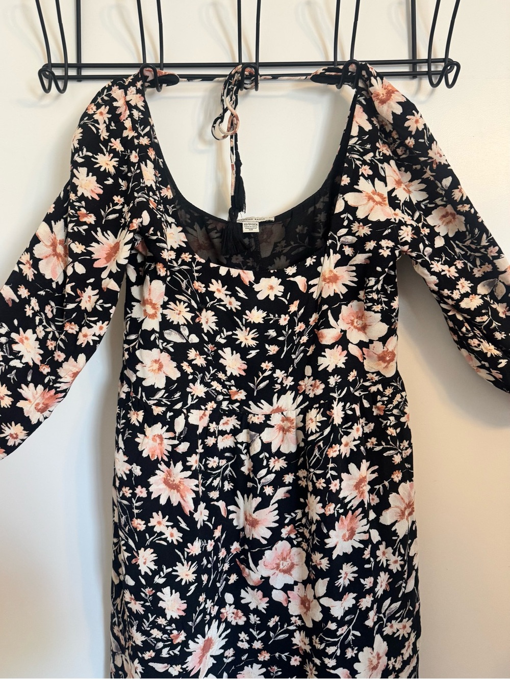 American Eagle Outfitters Black Floral Midi Dress with Pink & Cream Flowers